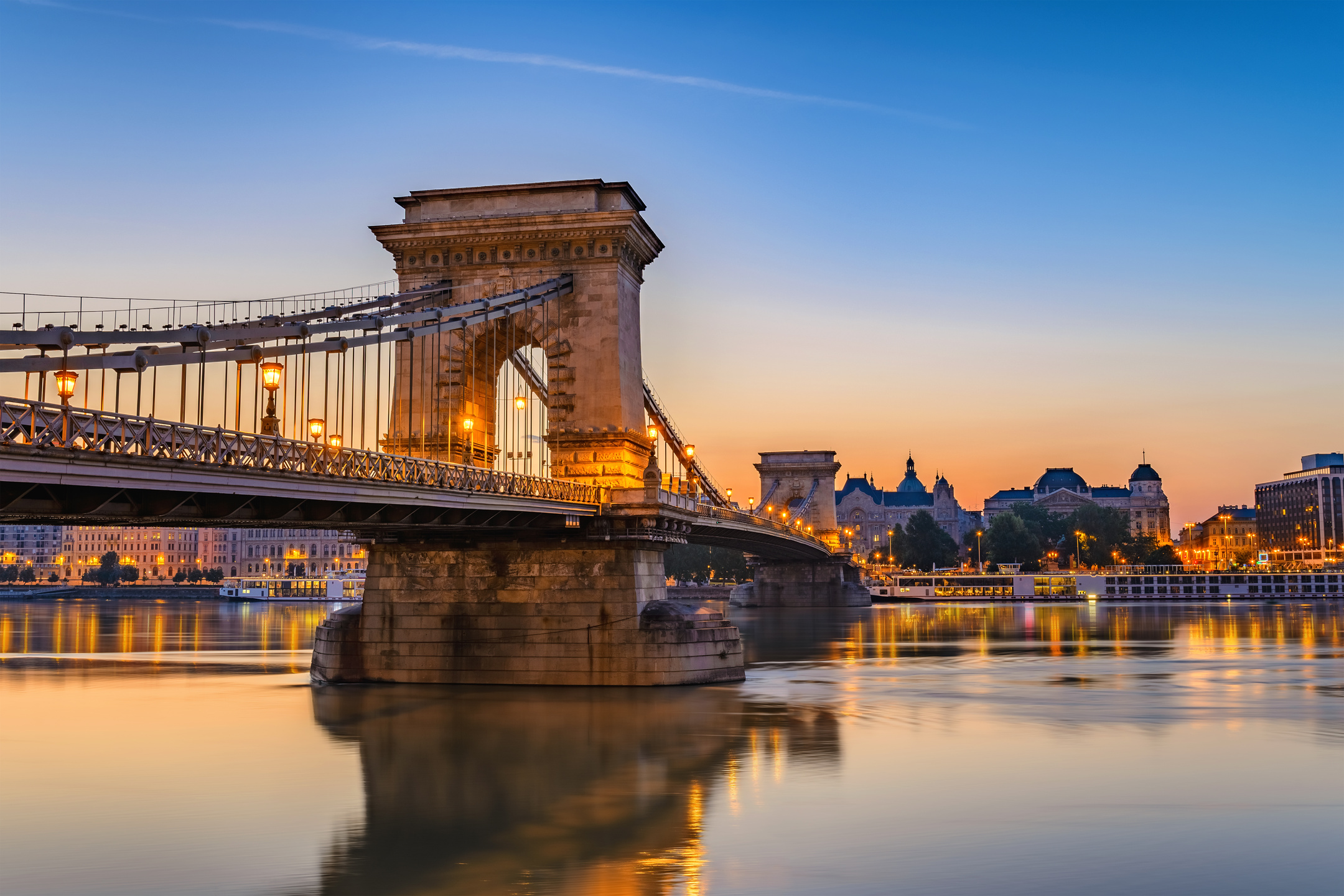 Budapest Chain Bridge and city skyline when sunrise, Budapest, Hungary